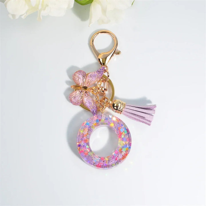 Sequin Letter Keychain With Butterfly Tassel Charm