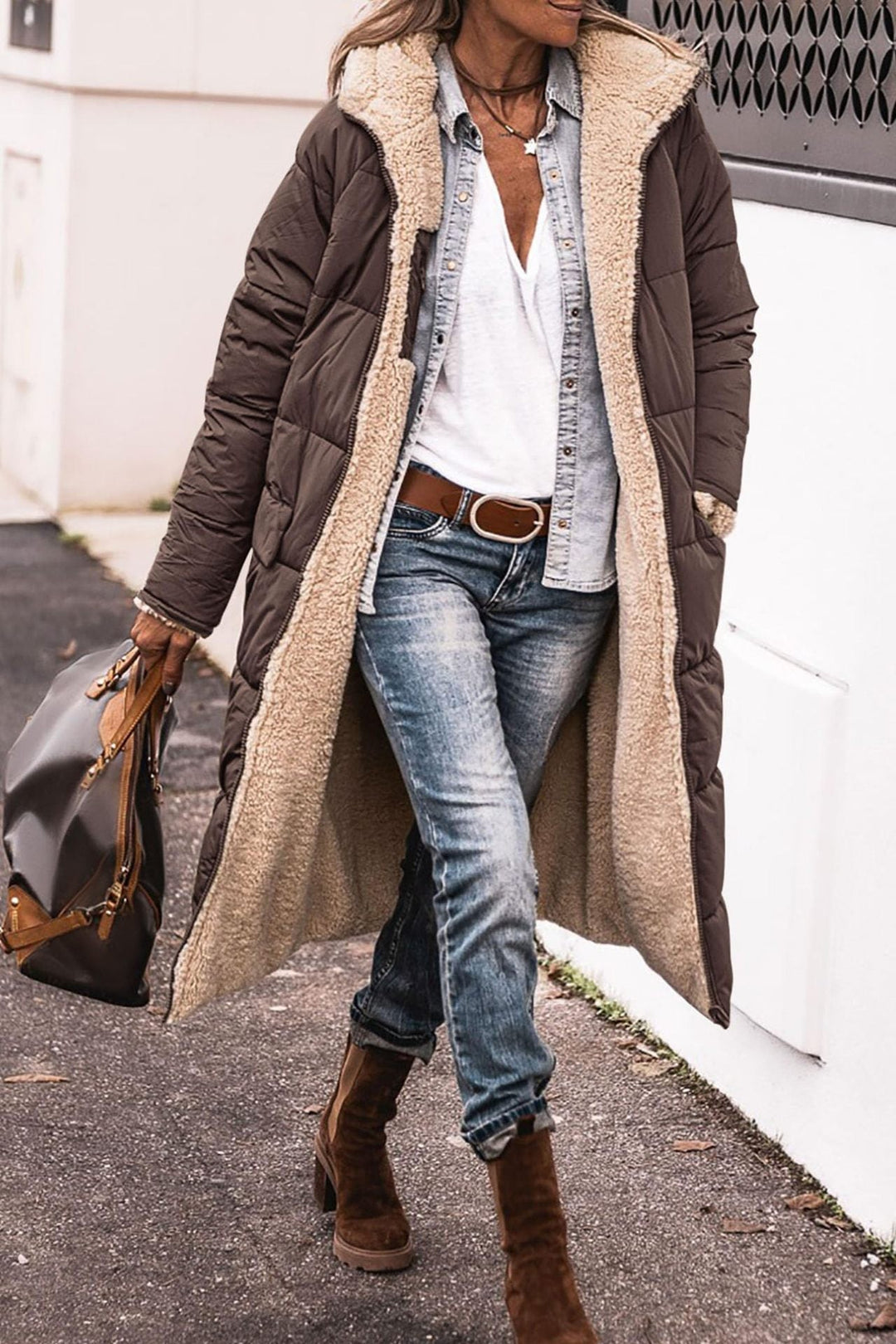 Warm Women’s Reversible Long Coat - Quilted Sherpa Hooded