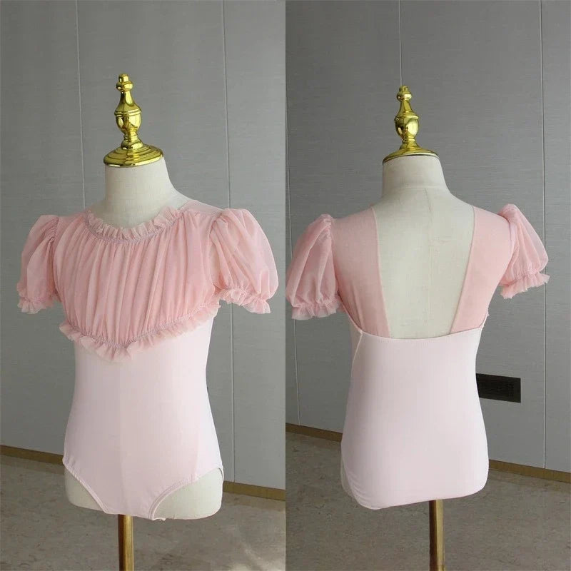 Lightweight girls ballet leotard set - puff-sleeve top, tulle tutu skirt, polyester, for dance class