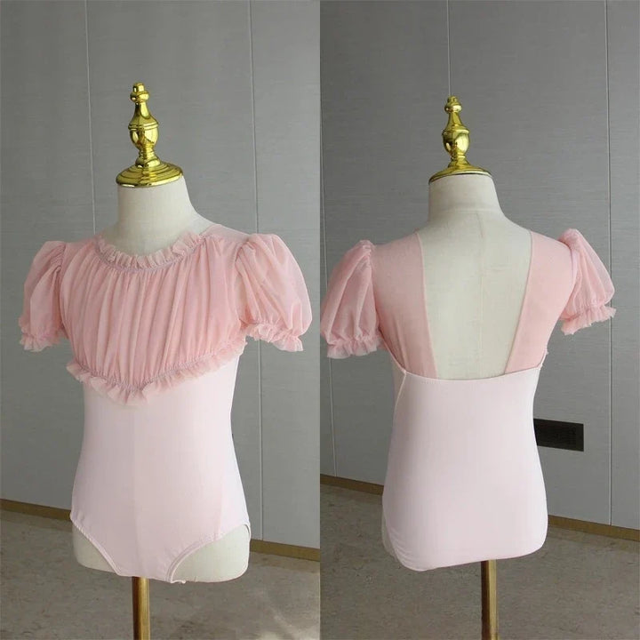 Lightweight girls ballet leotard set - puff-sleeve top, tulle tutu skirt, polyester, for dance class