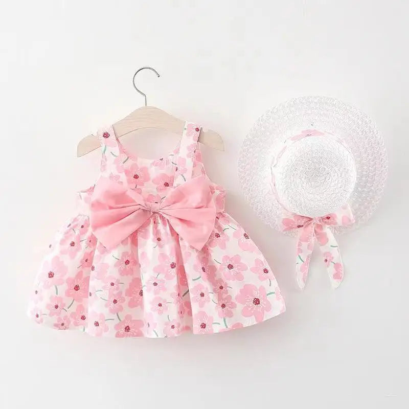 Soft baby girls dress - sleeveless, floral bow-embellished, cotton-polyester blend, for summer outings