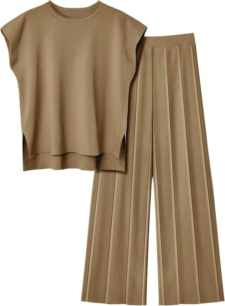 Soft Relaxed Women’s Two-Piece Pant Set – Sleeveless Round-Neck Knit Top, High-Waist Wide-Leg Pants For Summer