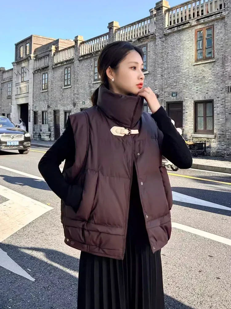 Warm Women’s Down Vest - Cropped Boxy, PU, Winter Layering