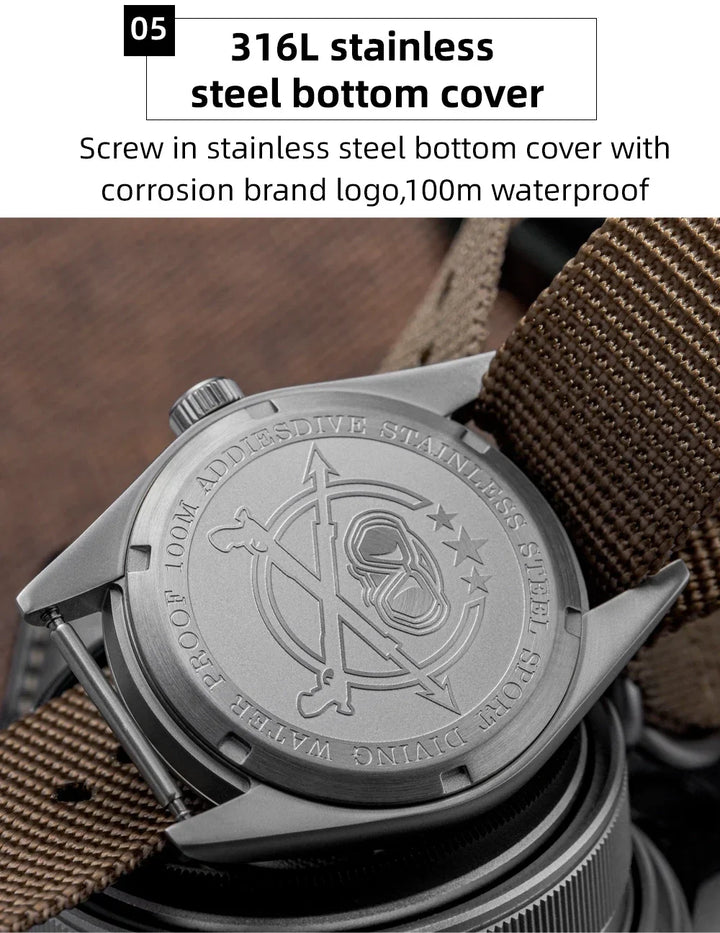 Waterproof Diver Quartz Watch Luminous Hands, Nylon Strap, 100m Water Resistance