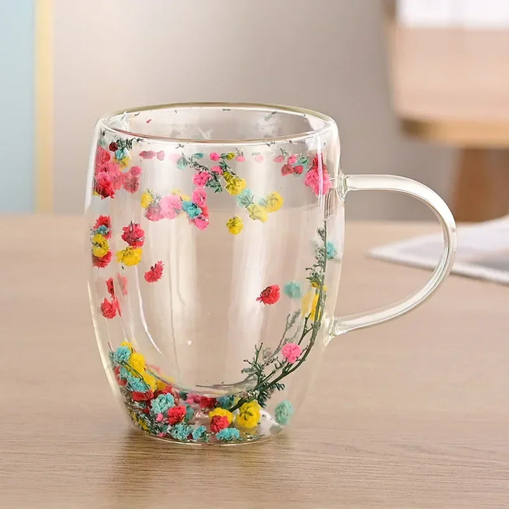 Double Wall Glass Cup with Handle Dried Flower Decorated Ins Style Mug 300ML