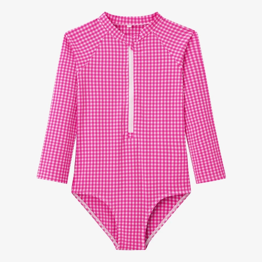 Quick-Dry Unisex Kids Swimsuit - One-Piece Gingham Plaid, Polyester, For Summer Vacation