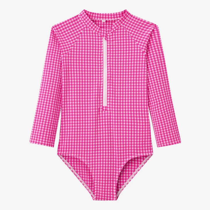 Quick-Dry Unisex Kids Swimsuit - One-Piece Gingham Plaid, Polyester, For Summer Vacation