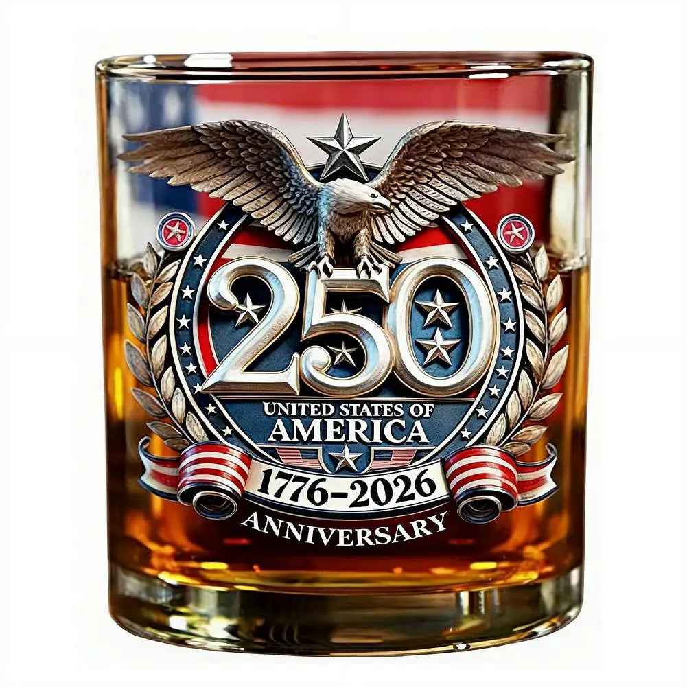Patriotic Whiskey Glass Hand Blown Eagle Glassware USA 250th Anniversary Rotating Cup Gift Idea