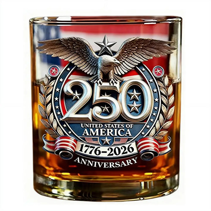 Patriotic Whiskey Glass Hand Blown Eagle Glassware USA 250th Anniversary Rotating Cup Gift Idea
