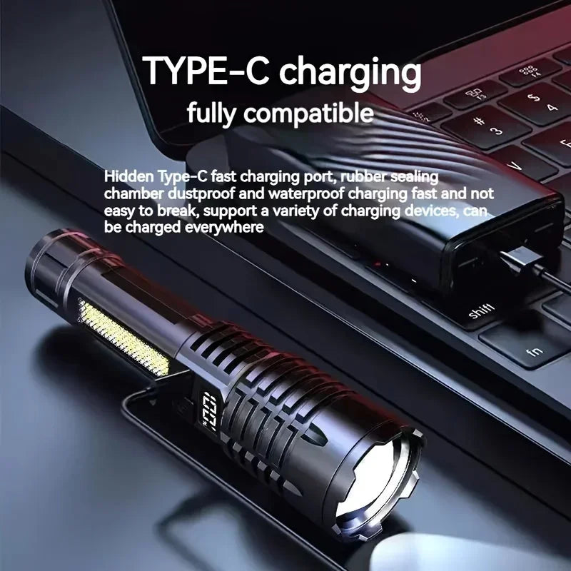 High Power LED Flashlight - TYPE-C Rechargeable Torch for Camping and Hiking, Waterproof with Side Light