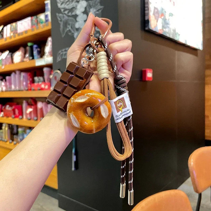 Woven Rope Bowknot Keychain With Cute Pastry Charms