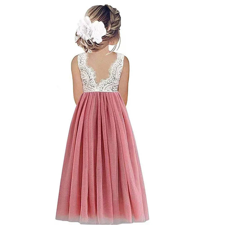 Lightweight Girls’ Flower Girl Dress - Lace Bodice, Flowing Tulle Skirt, Polyester, For Wedding