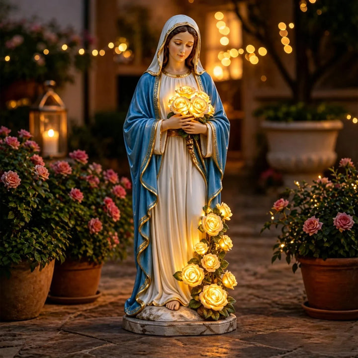 Virgin Mary Statue 7.87 Inch Outdoor Resin Garden Decor With Lighting Roses Religious Figurine Mother&