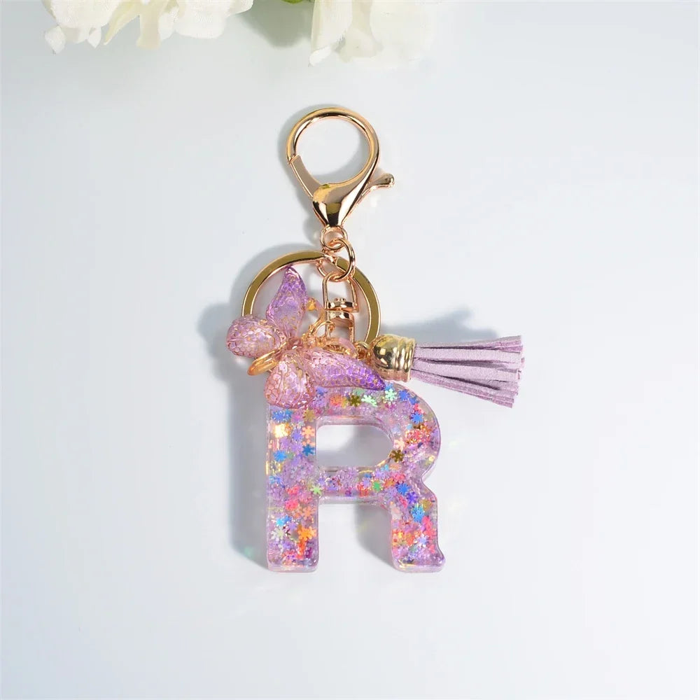 Sequin Letter Keychain With Butterfly Tassel Charm