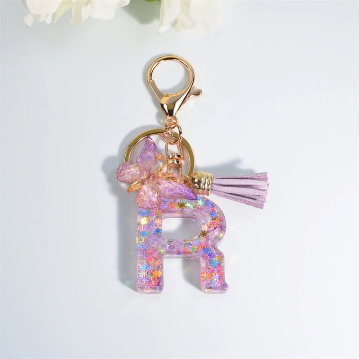 Sequin Letter Keychain With Butterfly Tassel Charm
