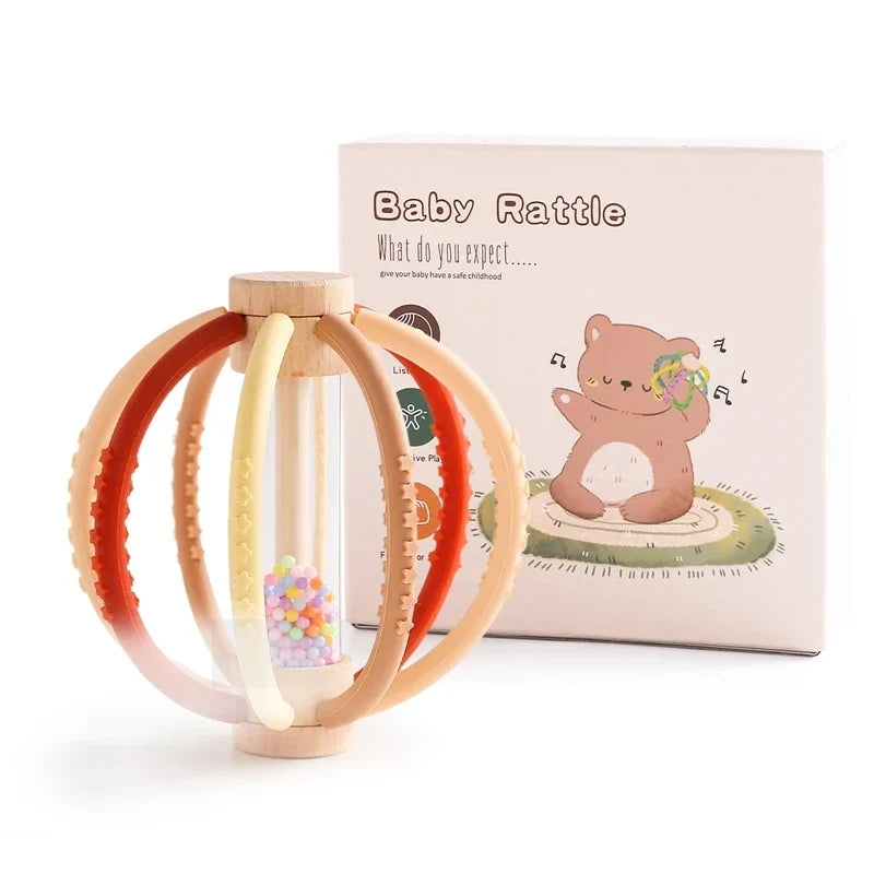 Baby Rattle Silicone Teether Wooden Newborn Sensory Toys