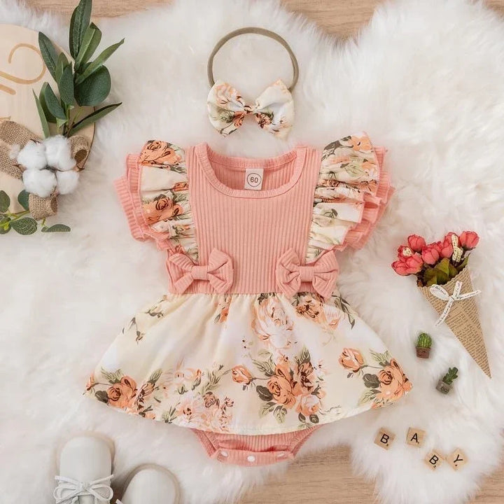Soft baby girl dress - floral print, bowknot accents, cotton-elastane, summer wear