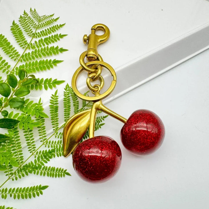 Red Cherry Keychain Bag Charm With Gold Leaf Lobster Clasp
