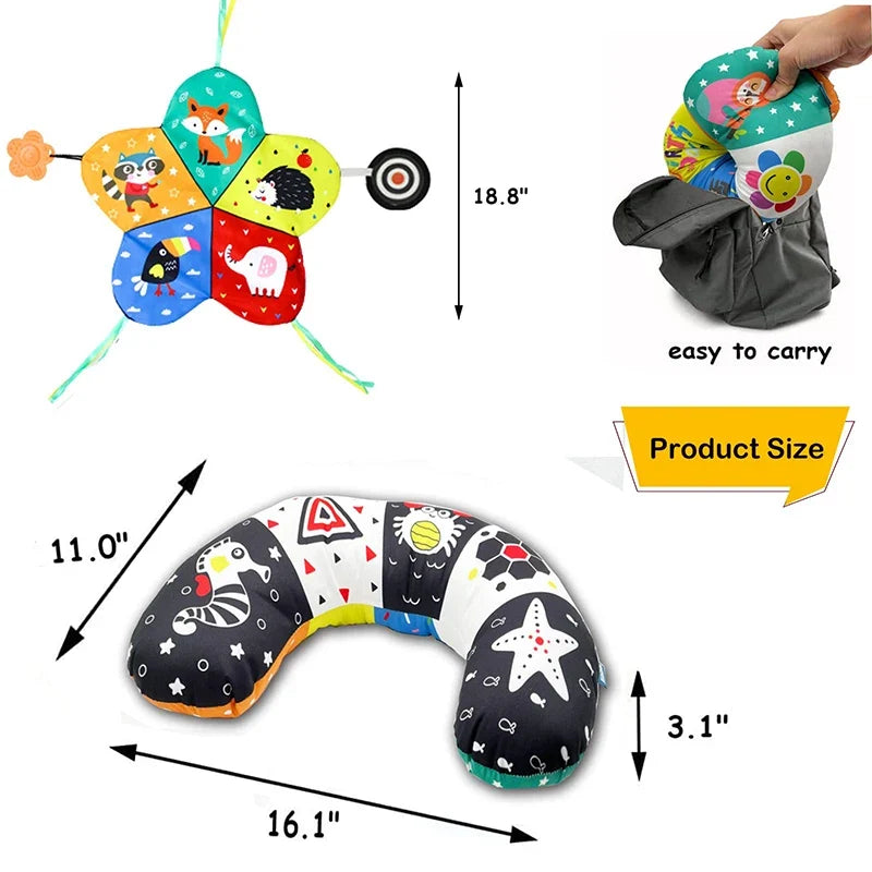 High Contrast Baby Tummy Time Pillow with Mirror, Teething Toy, and Crinkle Paper for Infants 0-6 Months