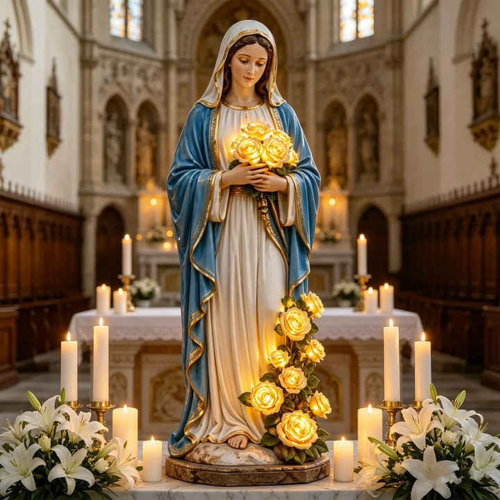 Virgin Mary Statue 7.87 Inch Outdoor Resin Garden Decor With Lighting Roses Religious Figurine Mother&