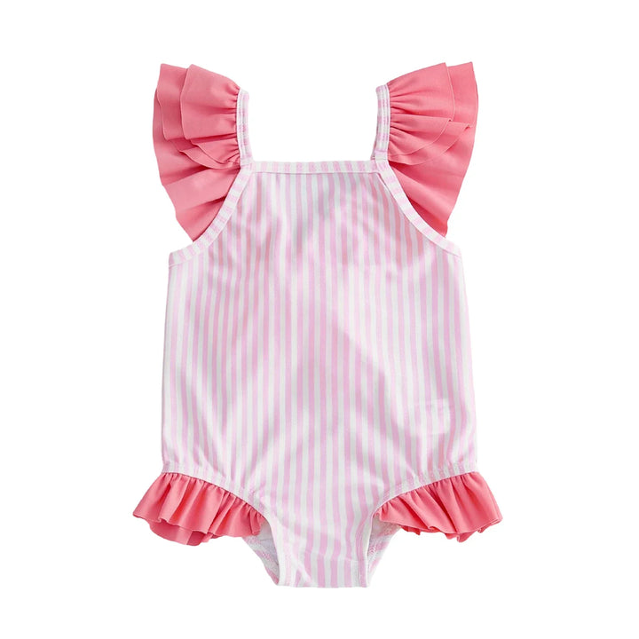Breathable Baby Girls Swim Romper - Striped Print, Flutter Sleeves, Polyester-Elastane Blend, For Pool and Beach