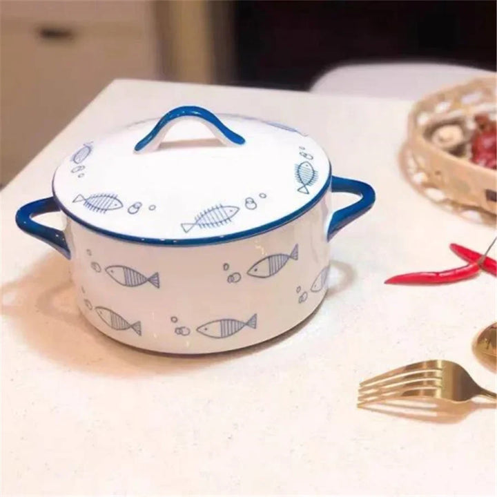 Ceramic 1000ml Covered Noodle Bowl Microwave Safe With Lid