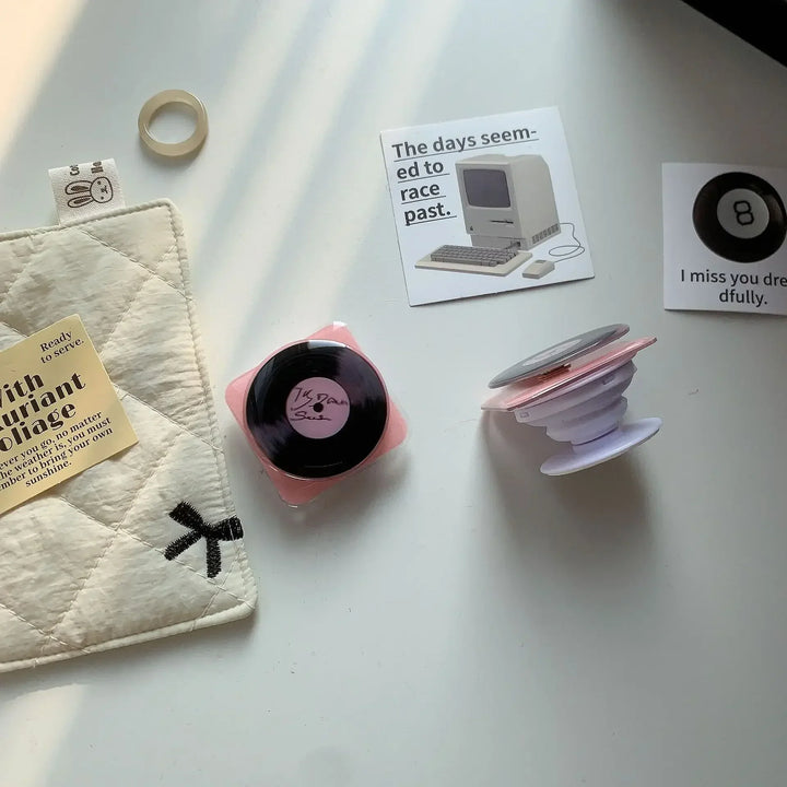 Adorable Rotatable Pink Vinyl Record Phone Holder Stand - Lazy Desktop Accessory for iPhone &amp; Android