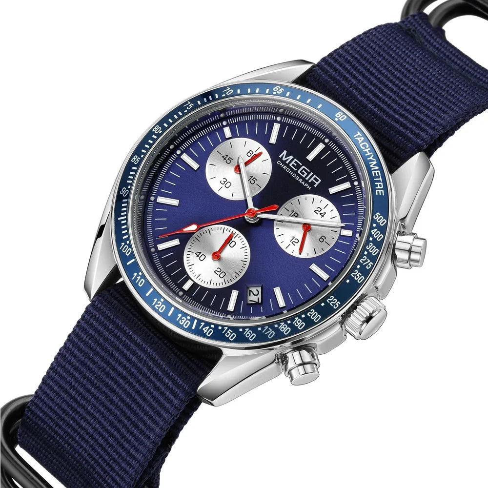 Quartz Chronograph Watch Blue Nylon Strap Waterproof