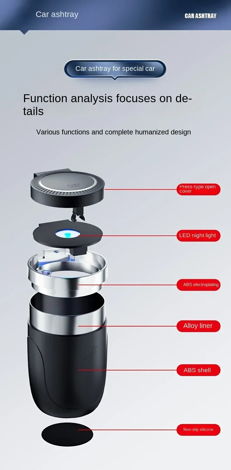 Car Ashtray One-Click Opening with LED Light - Splash Proof Alloy Liner, Automotive Interior Accessory Fall 2026 Gift