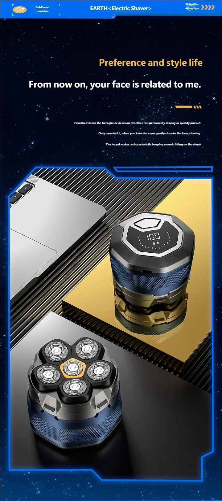 6D Electric Head Shaver for Men - Waterproof Magnetic Rotary Razor with LED Bald Head Hair Trimmer