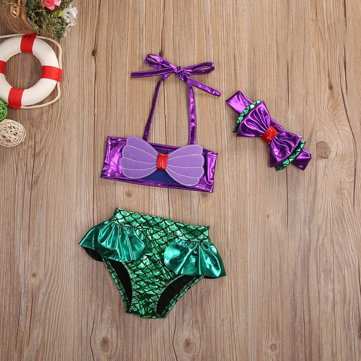 Lightweight girls mermaid bikini set - lace-up 3D bow top, triangle briefs, elastic headband, polyester, summer swimwear