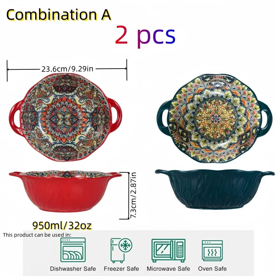 Ceramic Soup Bowl Bohemian Handle Embossed Microwave