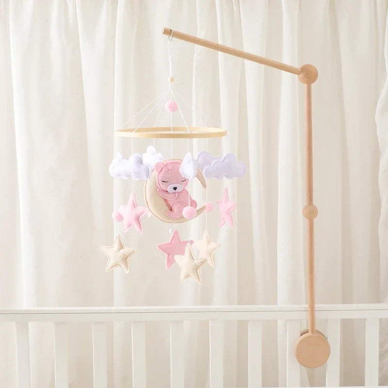 Wooden Crib Mobile Felt Bear Musical Newborn Sensory Toys