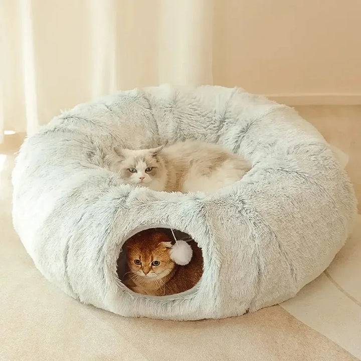 Plush Cat Bed with Tunnel - Fluffy Donut Cat Bed for Indoor Cats, Cozy Multifunctional Tunnel with Peephole