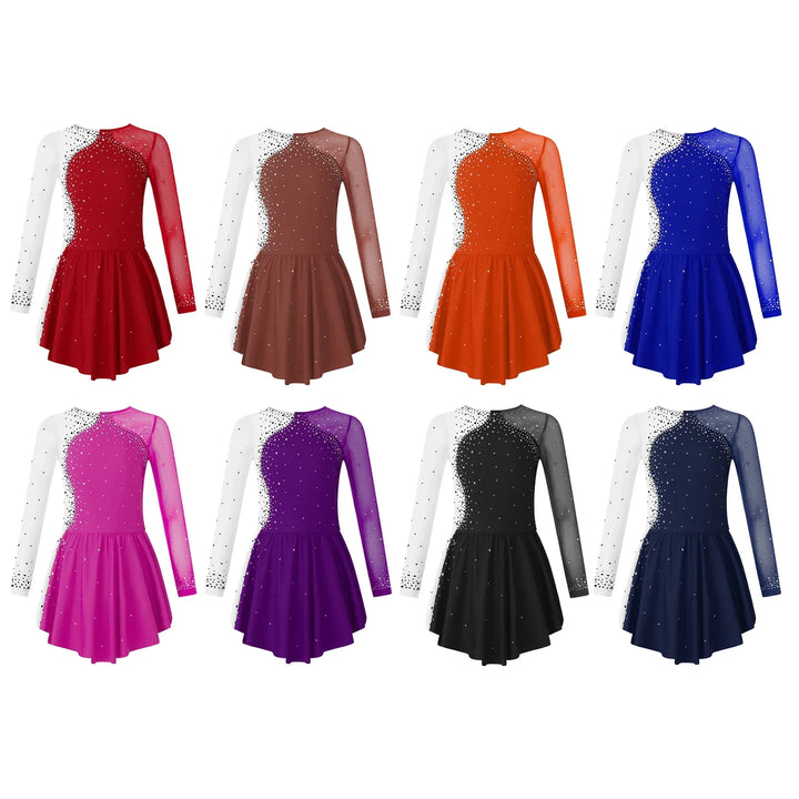 Stretchy girls figure skating dress – long sleeve rhinestone accents, jersey, dance performance costume