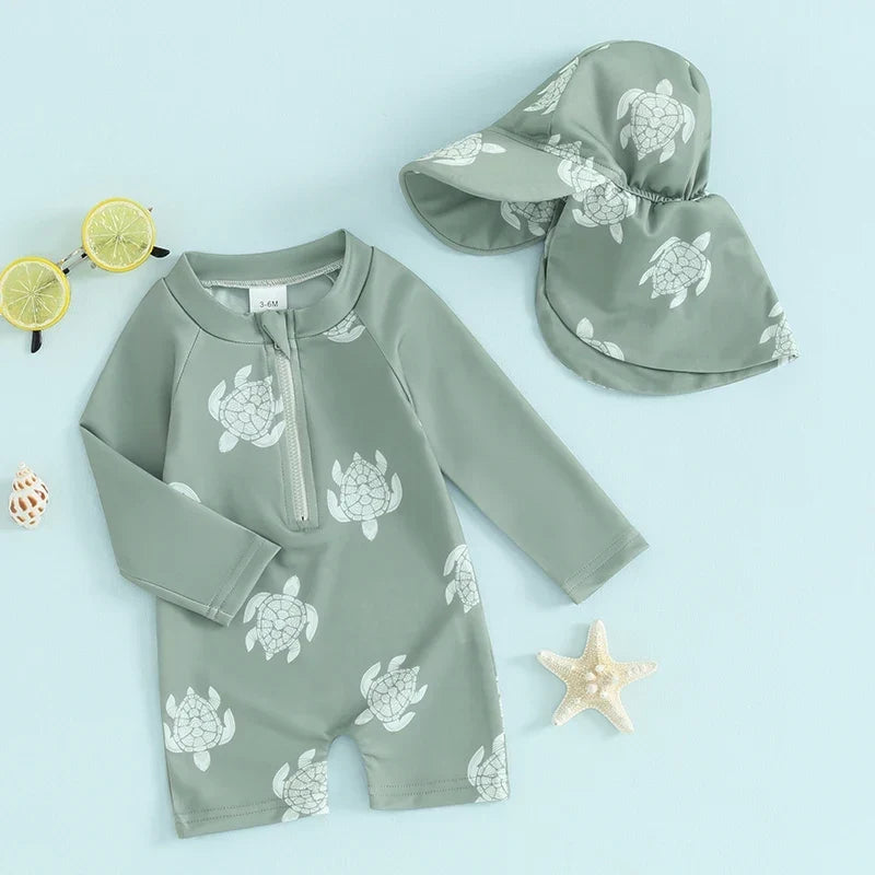Lightweight Toddler Boys Rash Guard Swimsuit - Long Sleeve, Turtle Print, Polyester, Beachwear