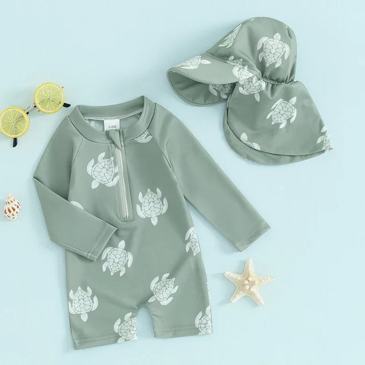 Lightweight Toddler Boys Rash Guard Swimsuit - Long Sleeve, Turtle Print, Polyester, Beachwear