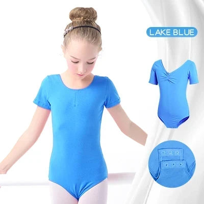 Soft girls ballet leotard - drawstring neckline, ruched front, cotton knit, for dance class