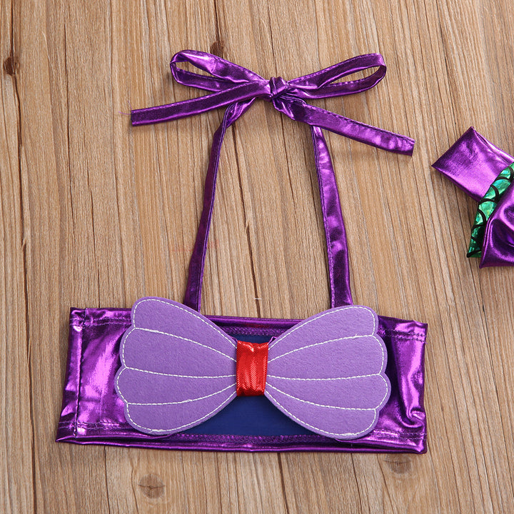 Lightweight girls mermaid bikini set - lace-up 3D bow top, triangle briefs, elastic headband, polyester, summer swimwear