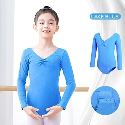 Breathable girls long sleeve ballet leotard - twist-front, cotton, for dance class