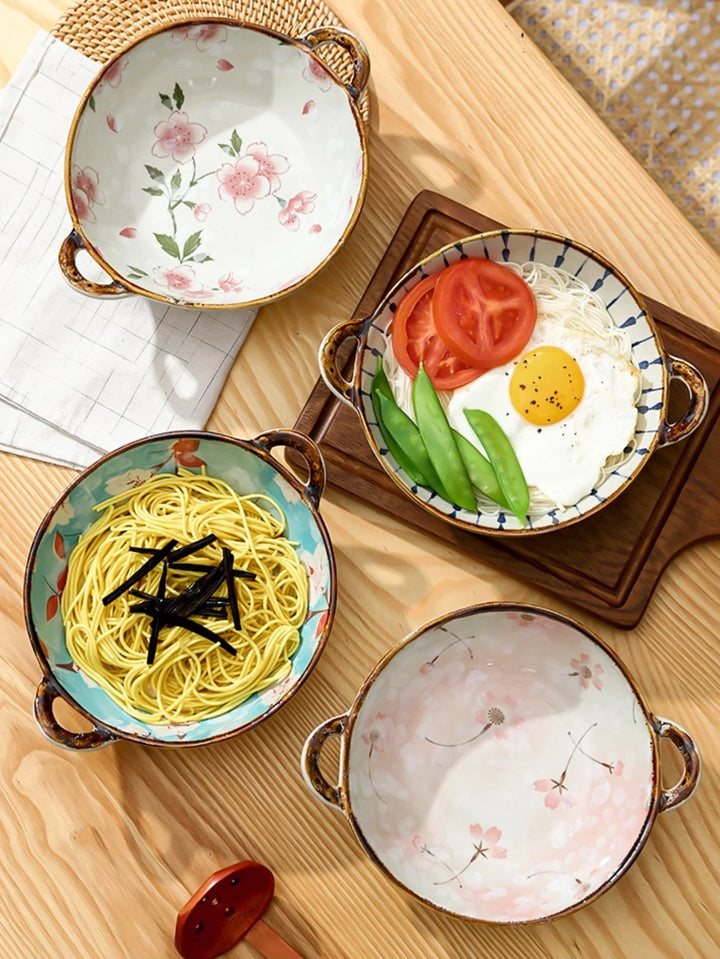 Ceramic 7.5 Inch Noodle Bowl With Handles Floral Porcelain