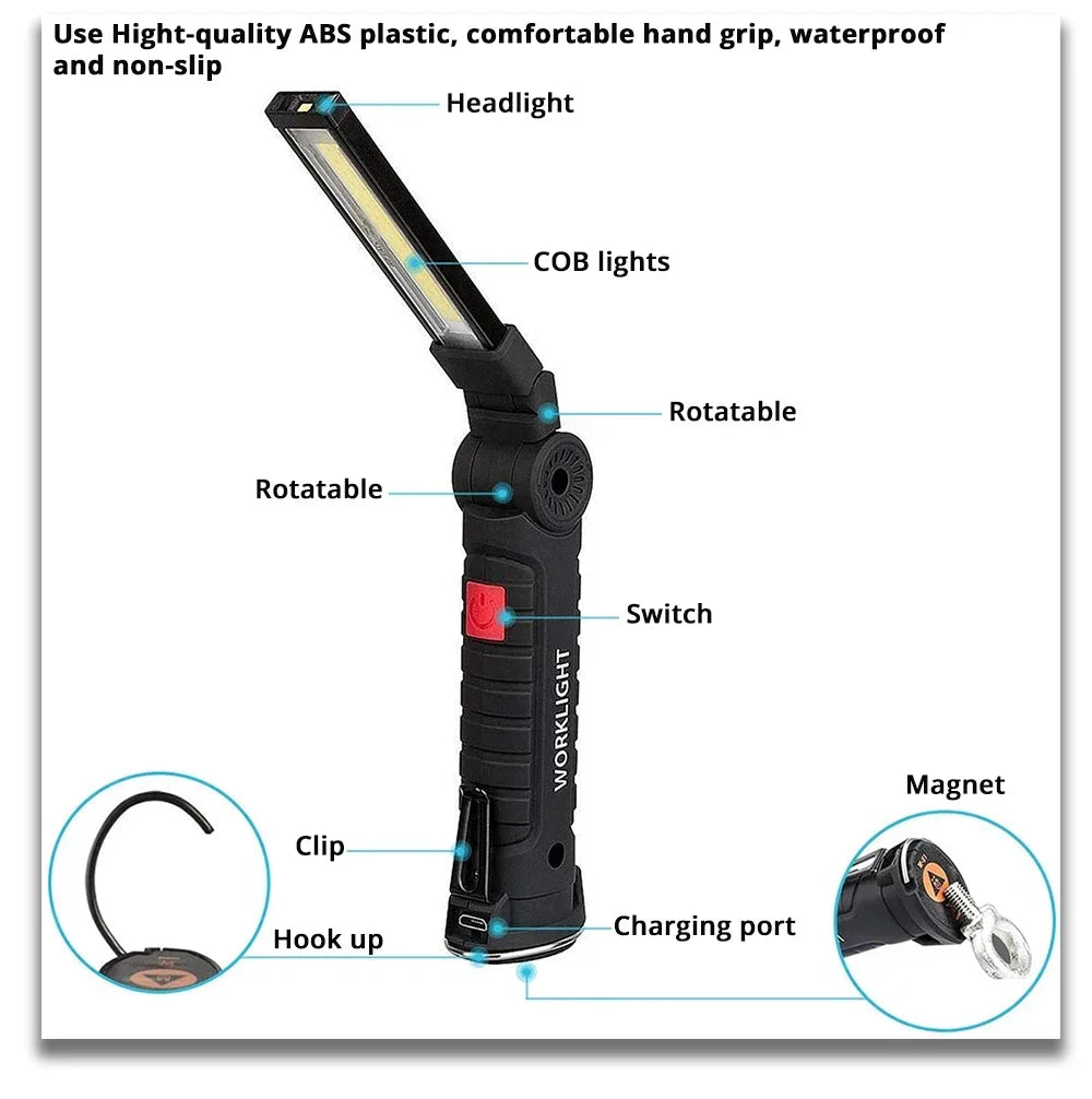 Rechargeable Camping LED Flashlight Work Light - IP64 Waterproof, 5 Modes, Magnet &amp; Hook for Night Work