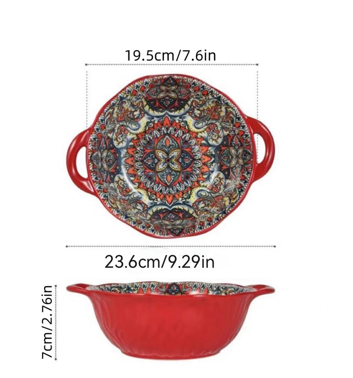 Ceramic Soup Bowl Bohemian Handle Embossed Microwave