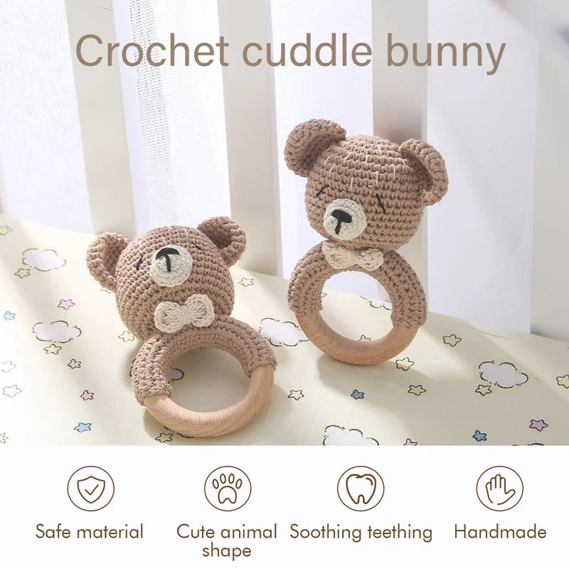 Crochet Bear Teether Rattle Ring Newborn Sensory Toys