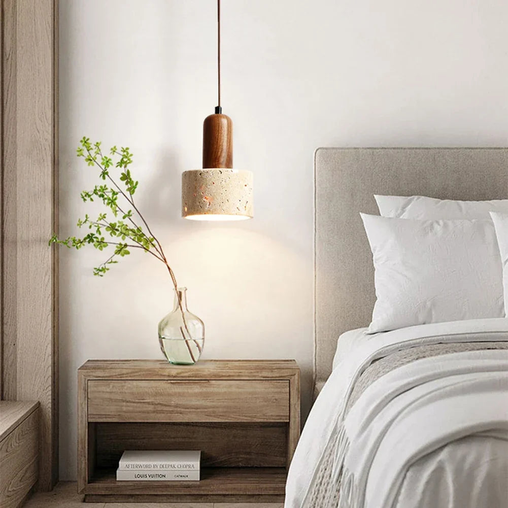 Japandi Japanese Pendant Light Wood And Travertine Bedside Lamp