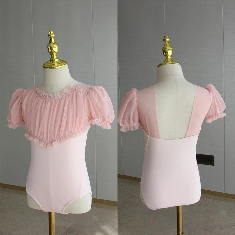 Lightweight girls ballet leotard set - puff-sleeve top, tulle tutu skirt, polyester, for dance class