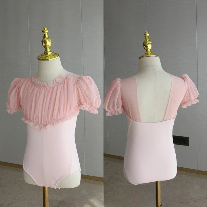 Lightweight girls ballet leotard set - puff-sleeve top, tulle tutu skirt, polyester, for dance class