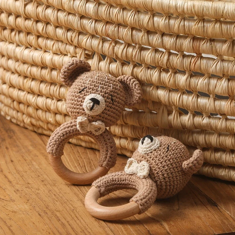 Crochet Bear Teether Rattle Ring Newborn Sensory Toys