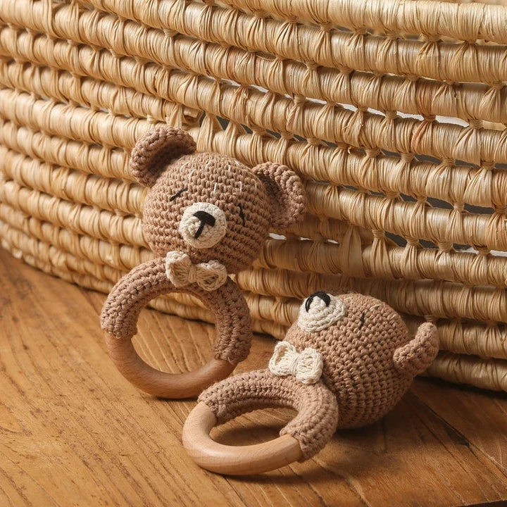 Crochet Bear Teether Rattle Ring Newborn Sensory Toys
