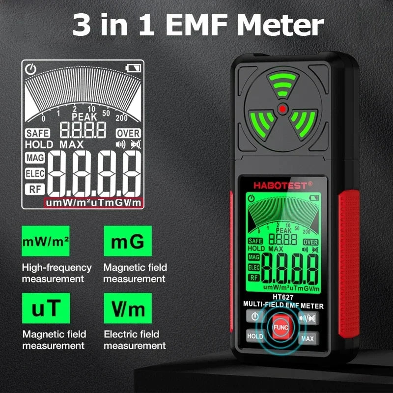 Portable 3-in-1 EMF Meter with LCD Display for Electromagnetic Radiation Detection, High-Precision Sensor, and Multiple Measurement Modes
